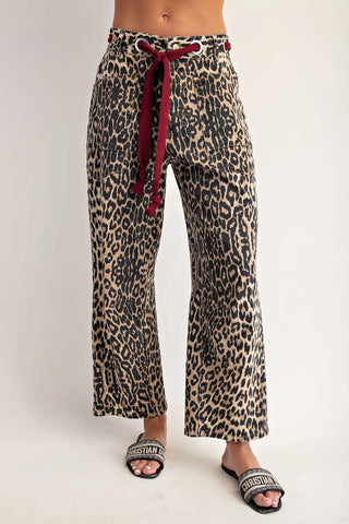 Mineral Washed Leopard Tie Waist Barrel Jeans