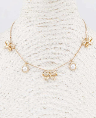 Bow Themed Pearl Charm Necklace