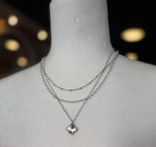 Silver Layered Pearl Clover Necklace