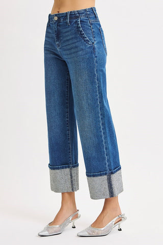 Risen High waisted Rhinestone Cuff Jean