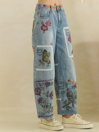 Postage Print Barrel Jeans