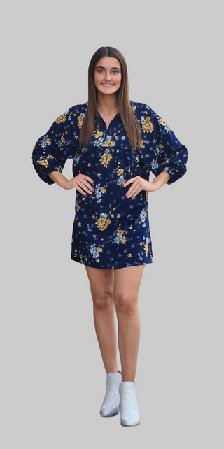 Navy Floral Corduroy Dress