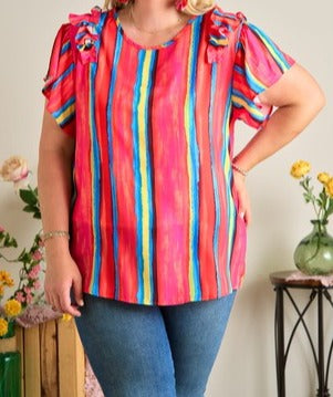 Plus Ruffle Shoulder Stripe Top