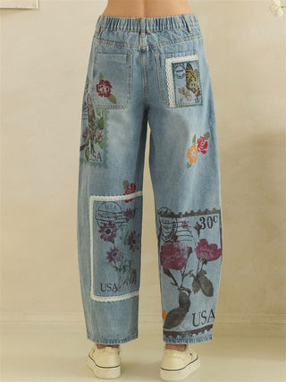 Postage Print Barrel Jeans