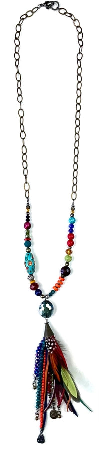 Long Mixed Beads & Feather Tassel