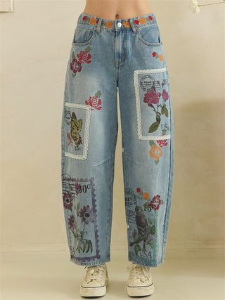 Postage Print Barrel Jeans