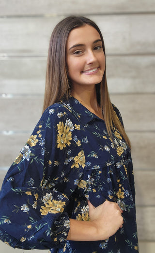 Navy Floral Corduroy Dress