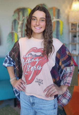 Band Tee Upcycled Flannel-Rolling Stones Peachy