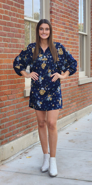 Navy Floral Corduroy Dress