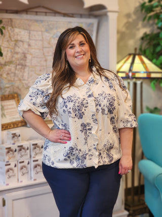 Plus Embroidered Ruffle Trim Top
