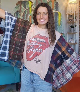 Band Tee Upcycled Flannel-Rolling Stones Peachy