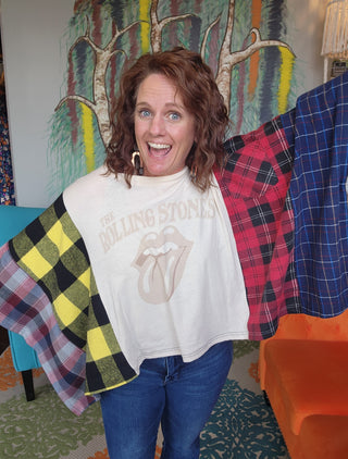 Band Tee Upcycled Flannel-Rolling Stones- Cream