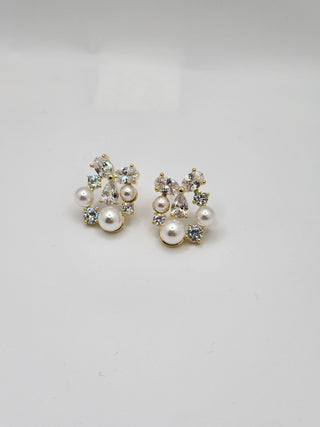 Cluster Diamond Pearl Stud Earrings
