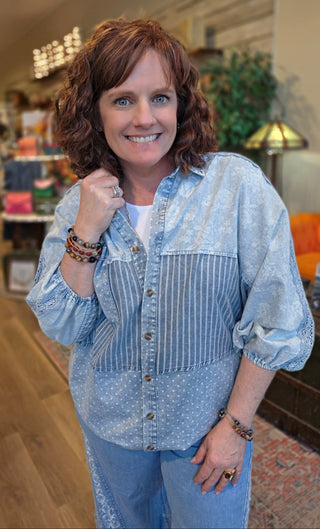 Multi Print Chambray Dolman Sleeve Top