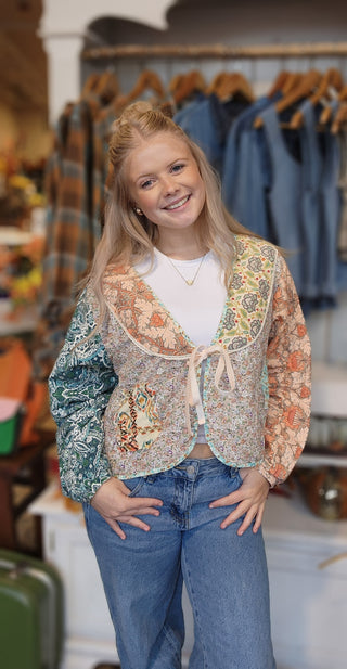 Patchwork Front Tie Crop Jacket