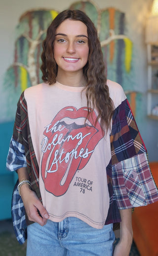 Band Tee Upcycled Flannel-Rolling Stones Peachy