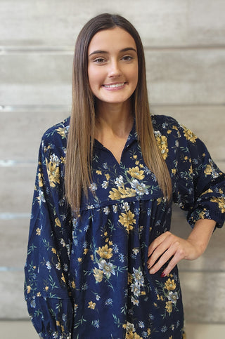 Navy Floral Corduroy Dress
