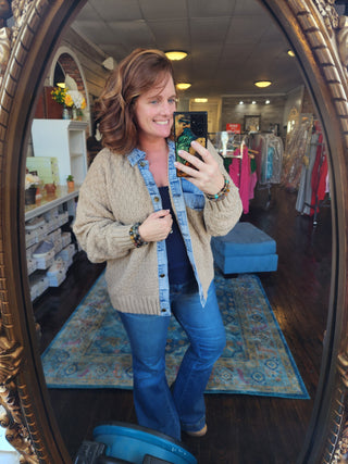 Washed Checker Denim Mix Sweater Top