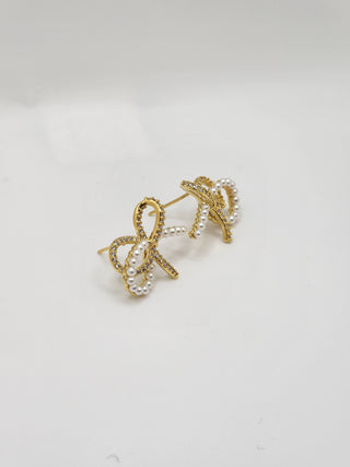 Pearl Diamond Bow Crossover Earrings