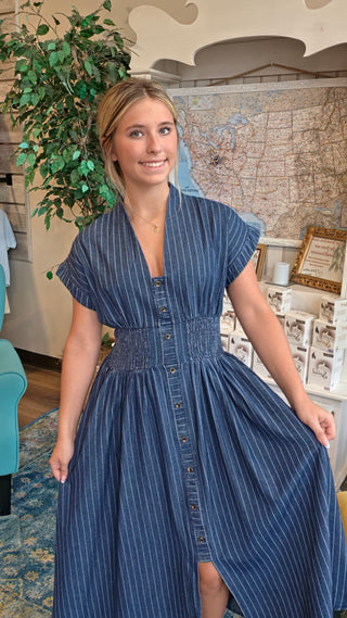 Pinstripe Smocked Waist Button Dress