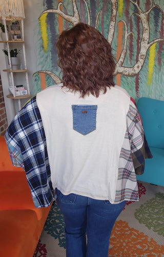 Band Tee Upcycled Flannel-Rolling Stones- Cream