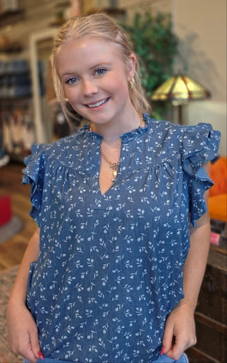 Ruffle V-Neck Denim Top