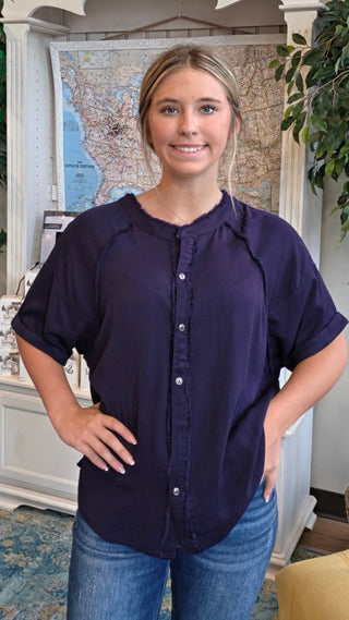 Frayed Button Down Half Sleeve Top