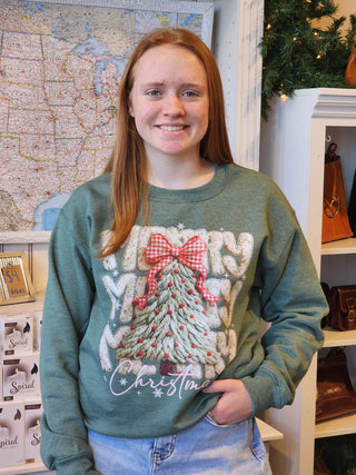 Faux Yarn Merry Christmas Tree Graphic Sweatshirt