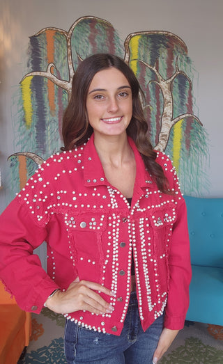 Red Oversize Distress Pearl Jacket