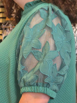 Textured Blouse with Lace Sleeves