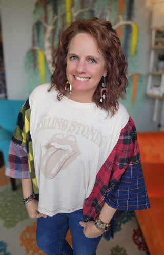 Band Tee Upcycled Flannel-Rolling Stones- Cream