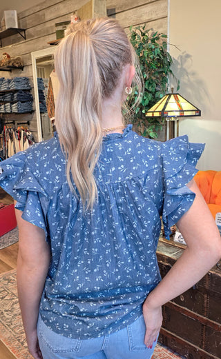 Ruffle V-Neck Denim Top