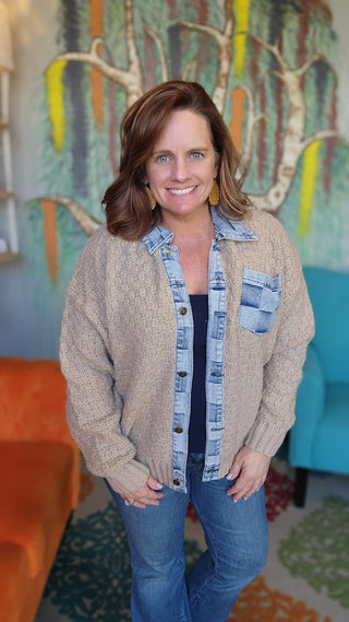 Washed Checker Denim Mix Sweater Top