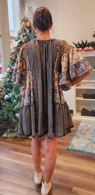 Washed Mix Print Tiered Ruffle Dress