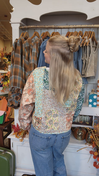 Patchwork Front Tie Crop Jacket