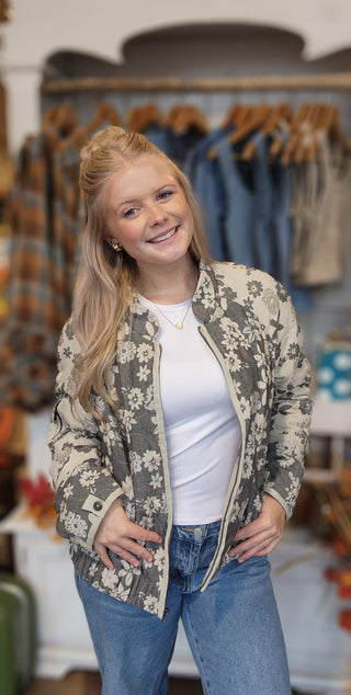 Washed Floral Print Quilted Jacket