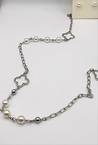 Clover Pearl Chain Necklace + Earrings