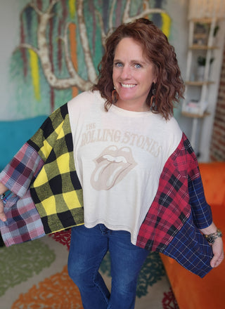 Band Tee Upcycled Flannel-Rolling Stones- Cream
