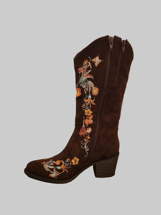 Chocolate Embroidered Suede Boots