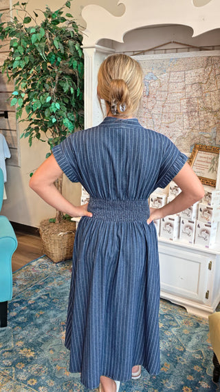 Pinstripe Smocked Waist Button Dress