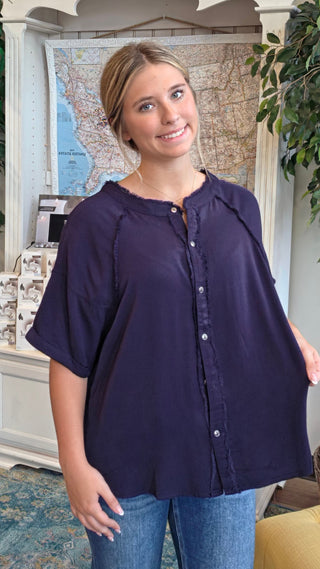 Frayed Button Down Half Sleeve Top