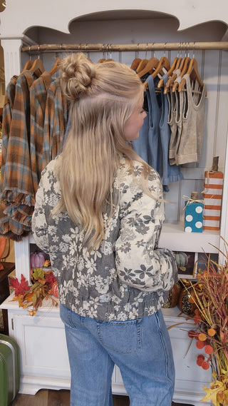 Washed Floral Print Quilted Jacket