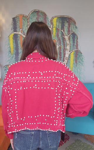 Red Oversize Distress Pearl Jacket