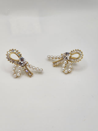 Crystalized Half Bow Pearl Earrings