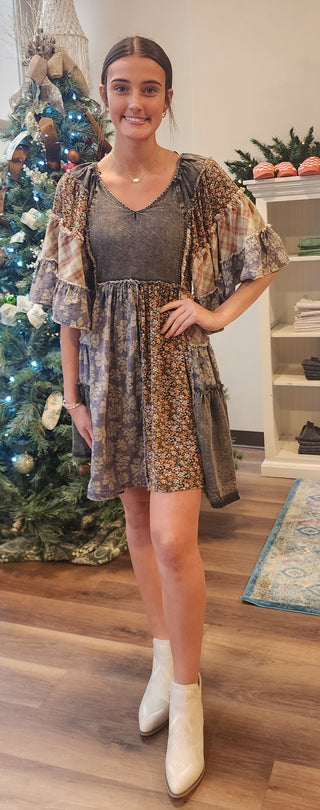 Washed Mix Print Tiered Ruffle Dress