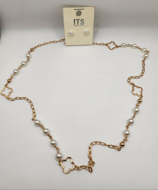 Clover Pearl Chain Necklace + Earrings