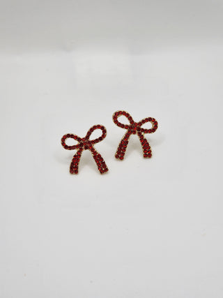 Red Gold Stone Stud Bow Earrings