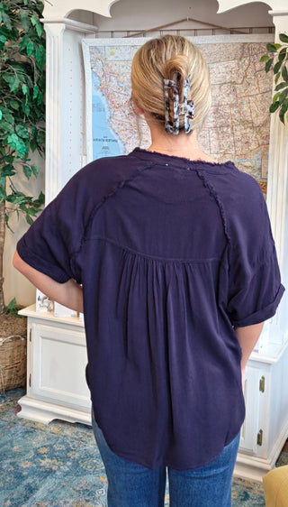 Frayed Button Down Half Sleeve Top