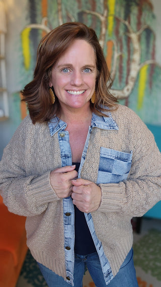 Washed Checker Denim Mix Sweater Top
