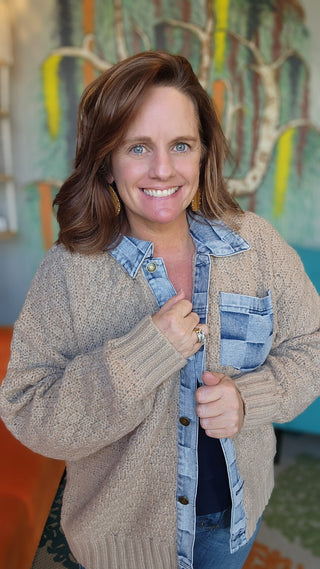 Washed Checker Denim Mix Sweater Top